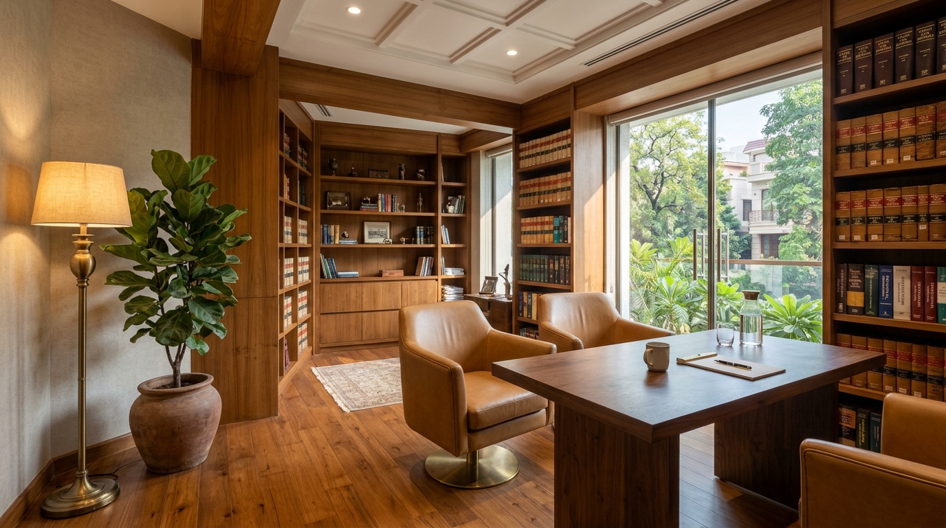 KAAGZAAT documentation consultation office with teak wood library and warm natural lighting