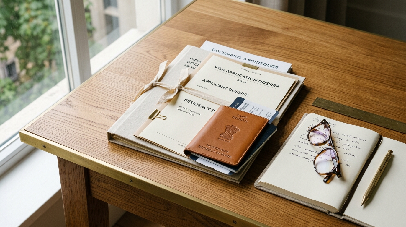 Organized legal identity dossiers, passport and fountain pen for Indian documentation guide