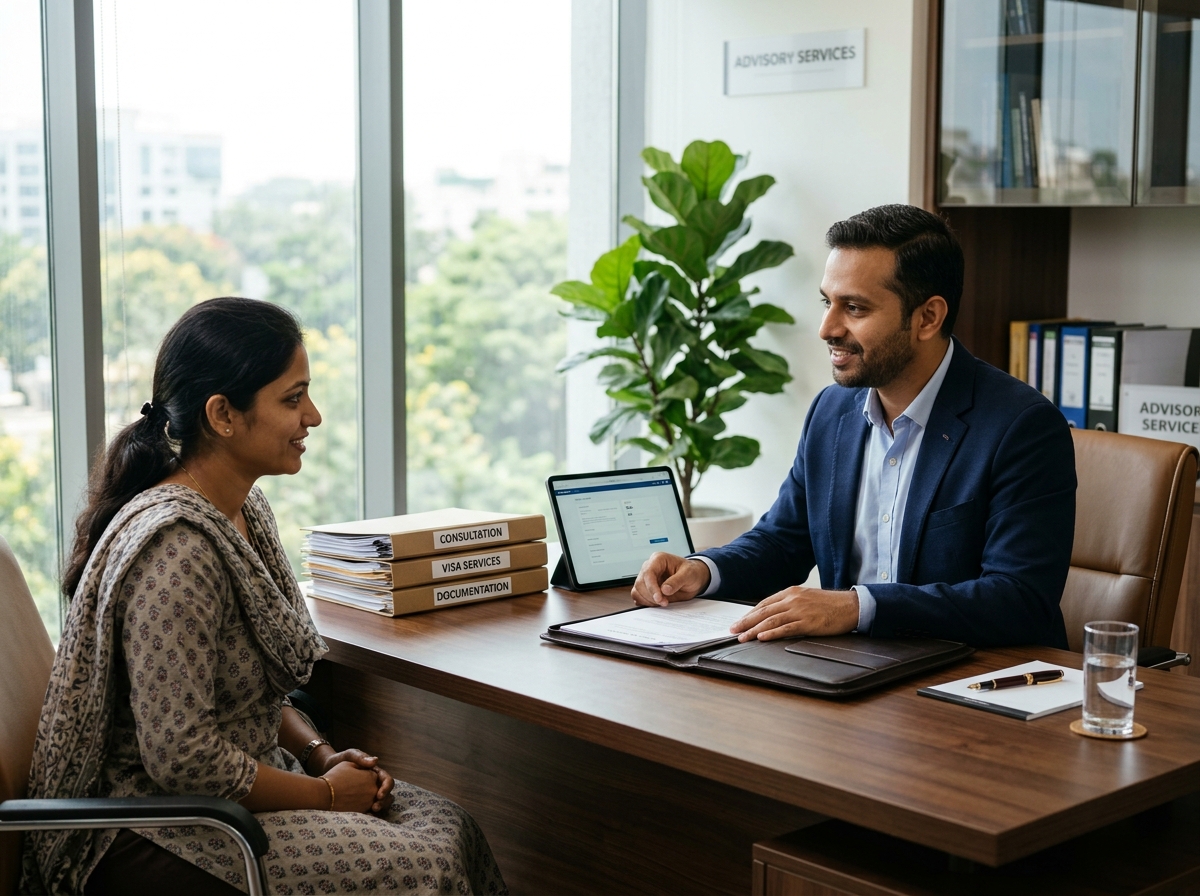 Indian documentation consultant advising client in professional office