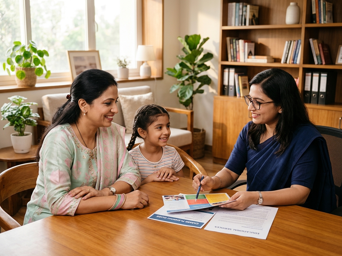 Indian mother and daughter consulting with a documentation advisor regarding minor name change