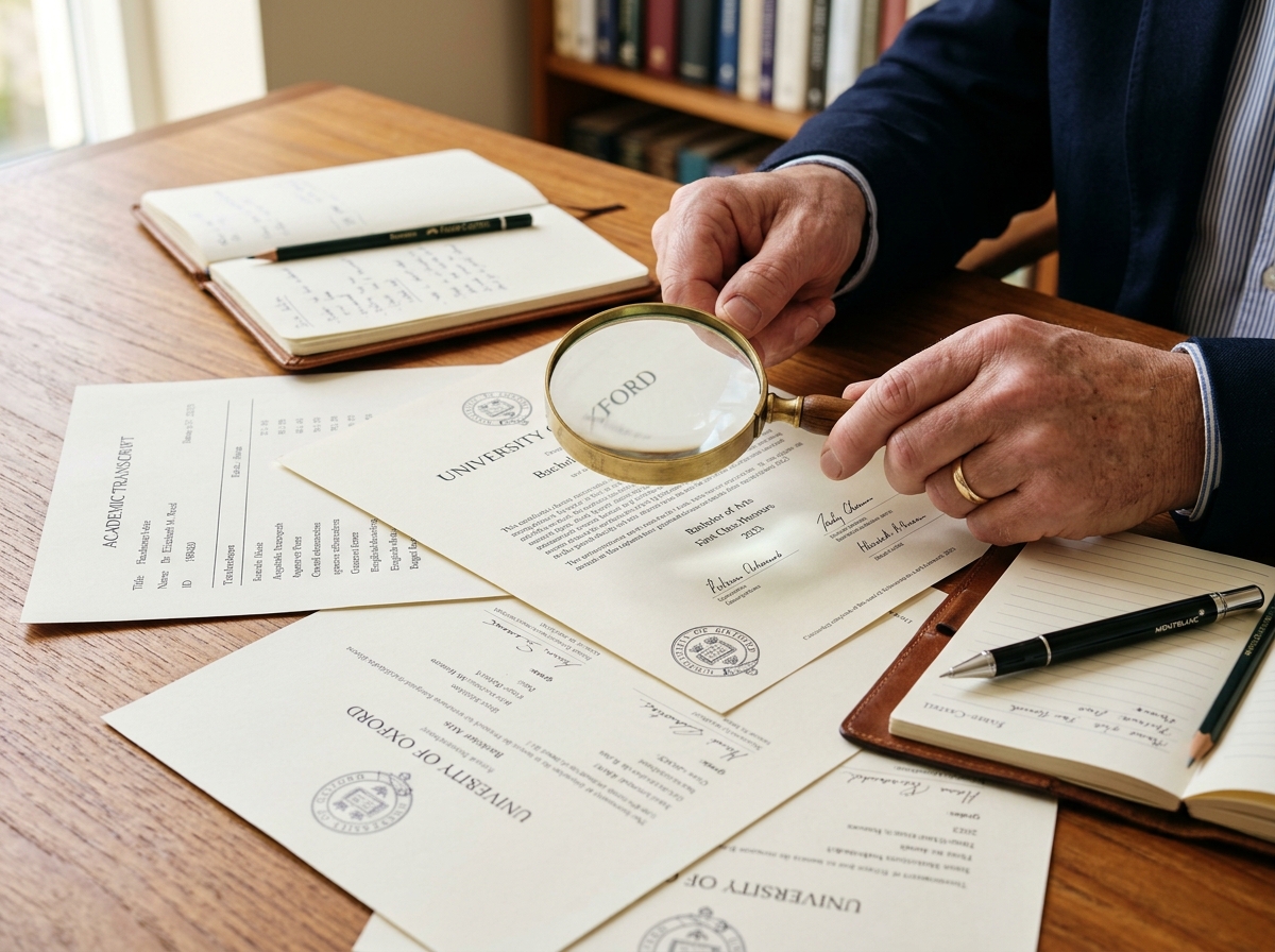 Document expert carefully reviewing spelling discrepancies on educational certificates and IDs